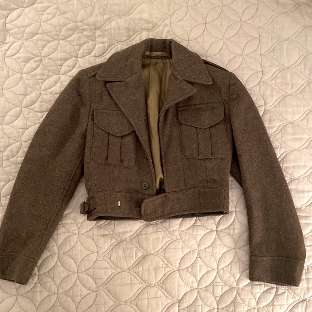 RARE Vintage Army Green Cropped Wool Military Bomber Jacket